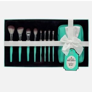 Tiffany Blue Rhinestone Bow Makeup Brushes and Makeup Bag Set - 9 Piece